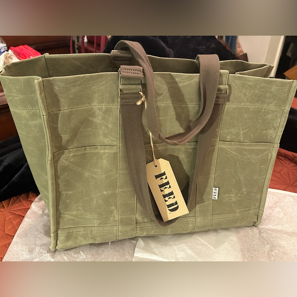 FEED Projects XL Market Structured Carry-All Organizer Tote Khaki Green NWT